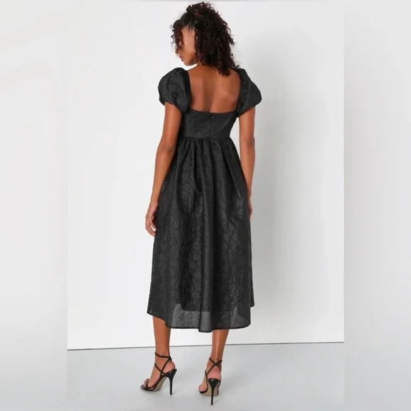 Lulus NWT “Adorable Mood” Black Floral Jacquard Puff Sleeve Babydoll Dress Large - Picture 3 of 16